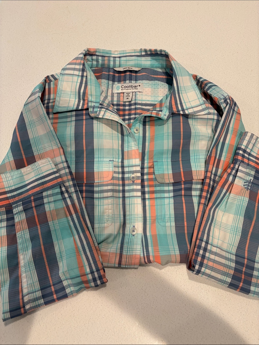 Coolibar Plaid Button-Down Shirt in Teal and Coral